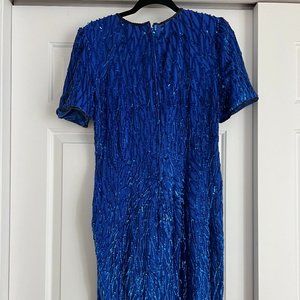 Stenay Royal Blue Sequin Silk Dress - 90s Vintage - Size 6-8